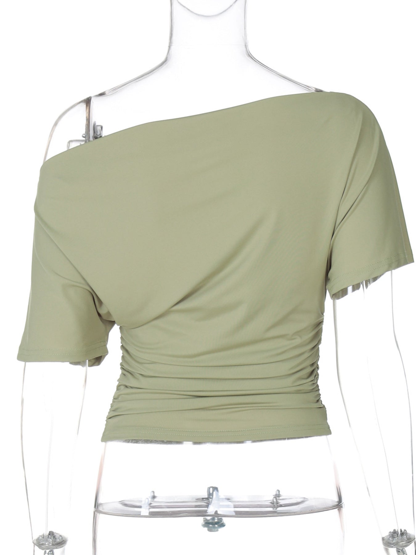 Cedar & Moore One Shoulder Short Sleeve T-Shirt in sage green with ruched side detailing, Trendsi.