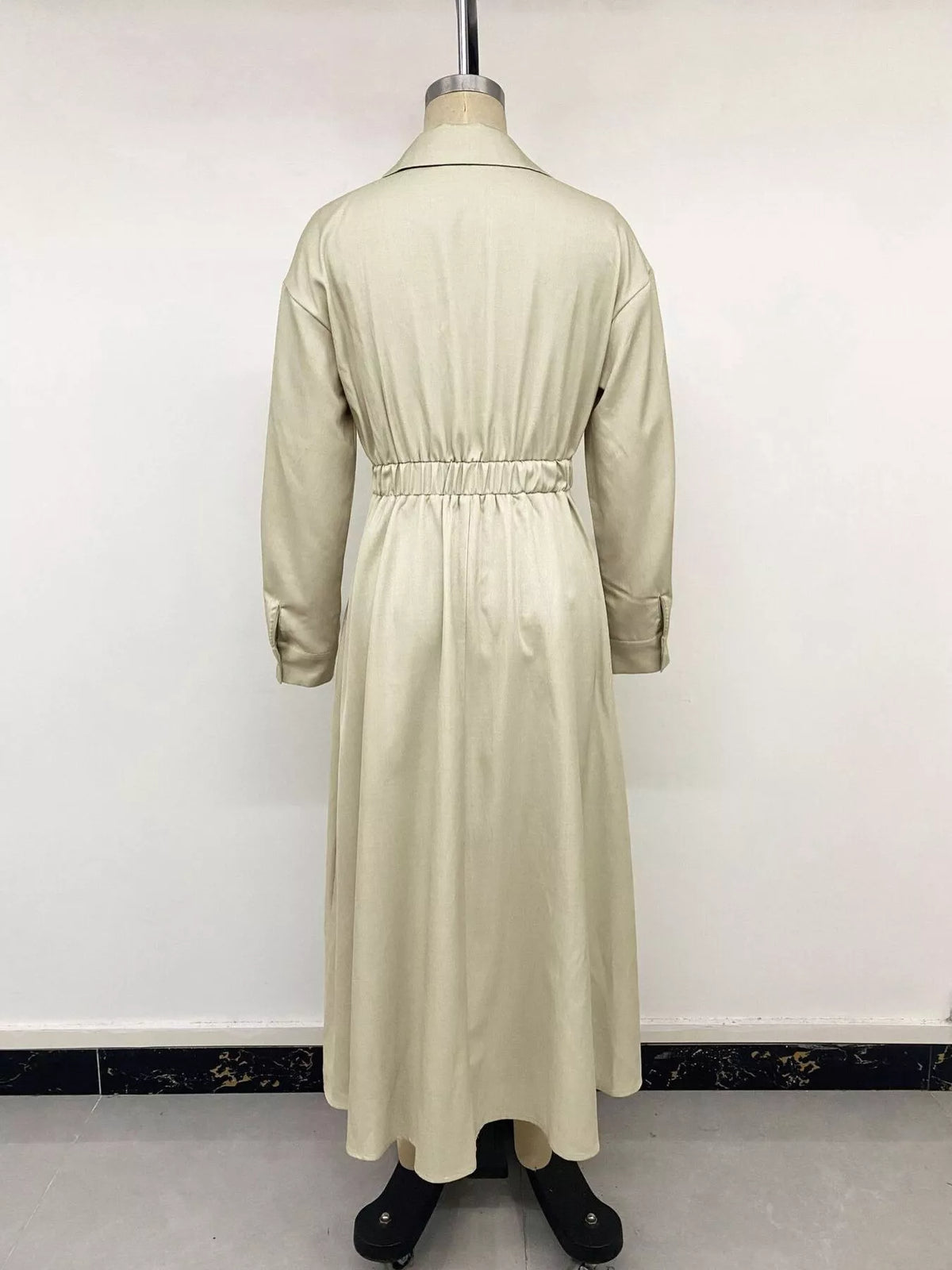 Khaki long-sleeve shirt dress with ruched back waist and pleated skirt