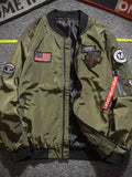 Men's olive green bomber jacket with front zipper and embroidered patches