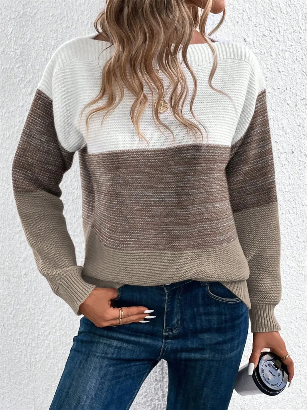 Color-block long sleeve sweater with white upper and taupe-brown horizontal band
