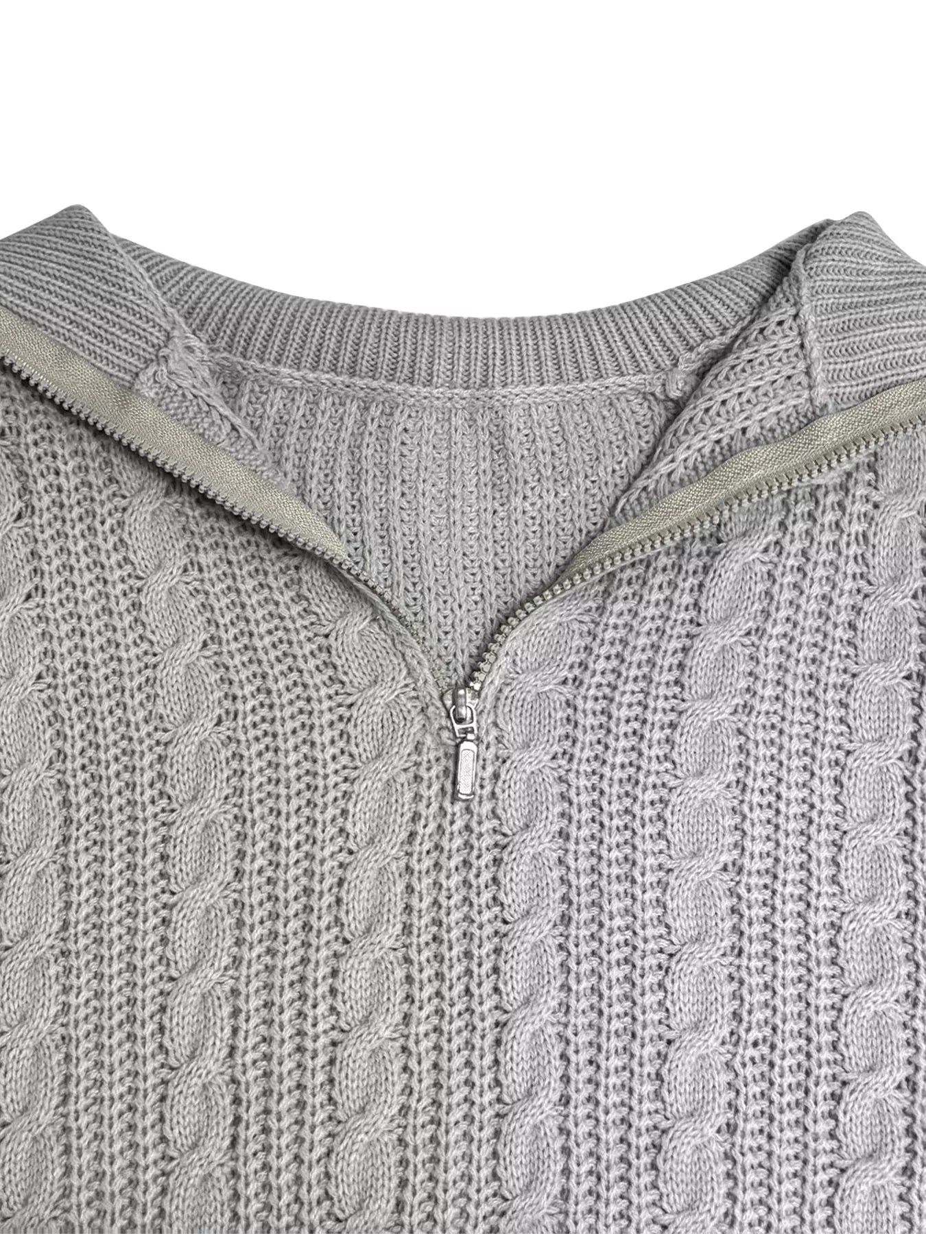 Gray cable knit half-zip sweater close-up of collar and metal zipper