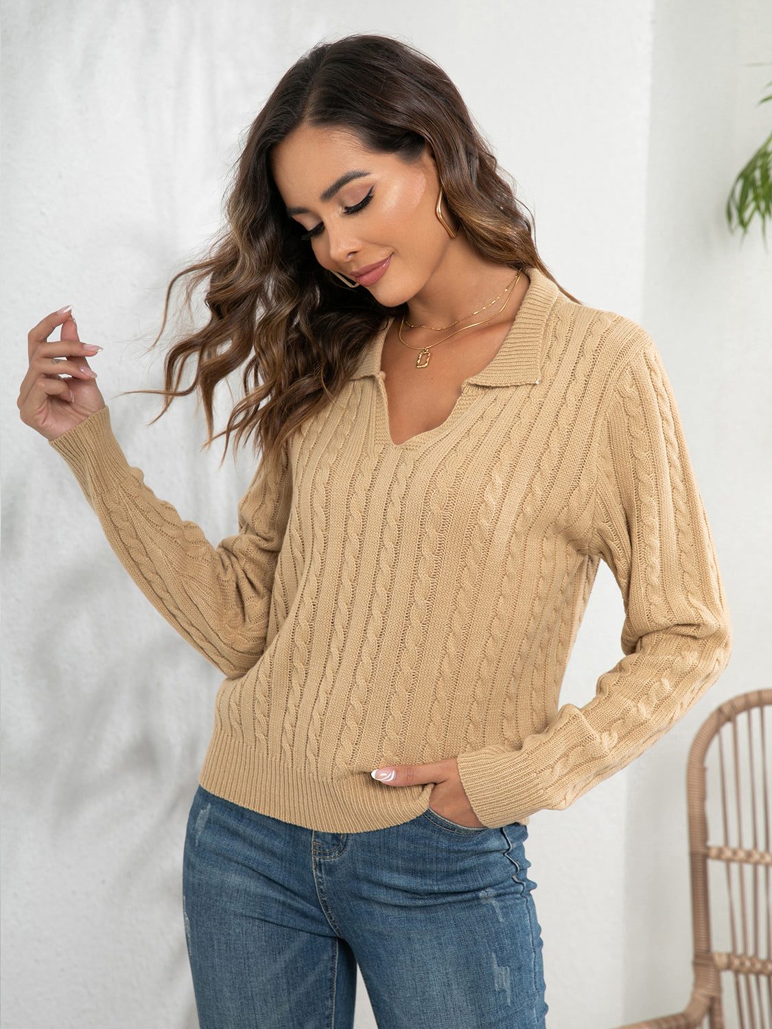 Khaki cable-knit long sleeve sweater with Johnny collar V-neck, side view