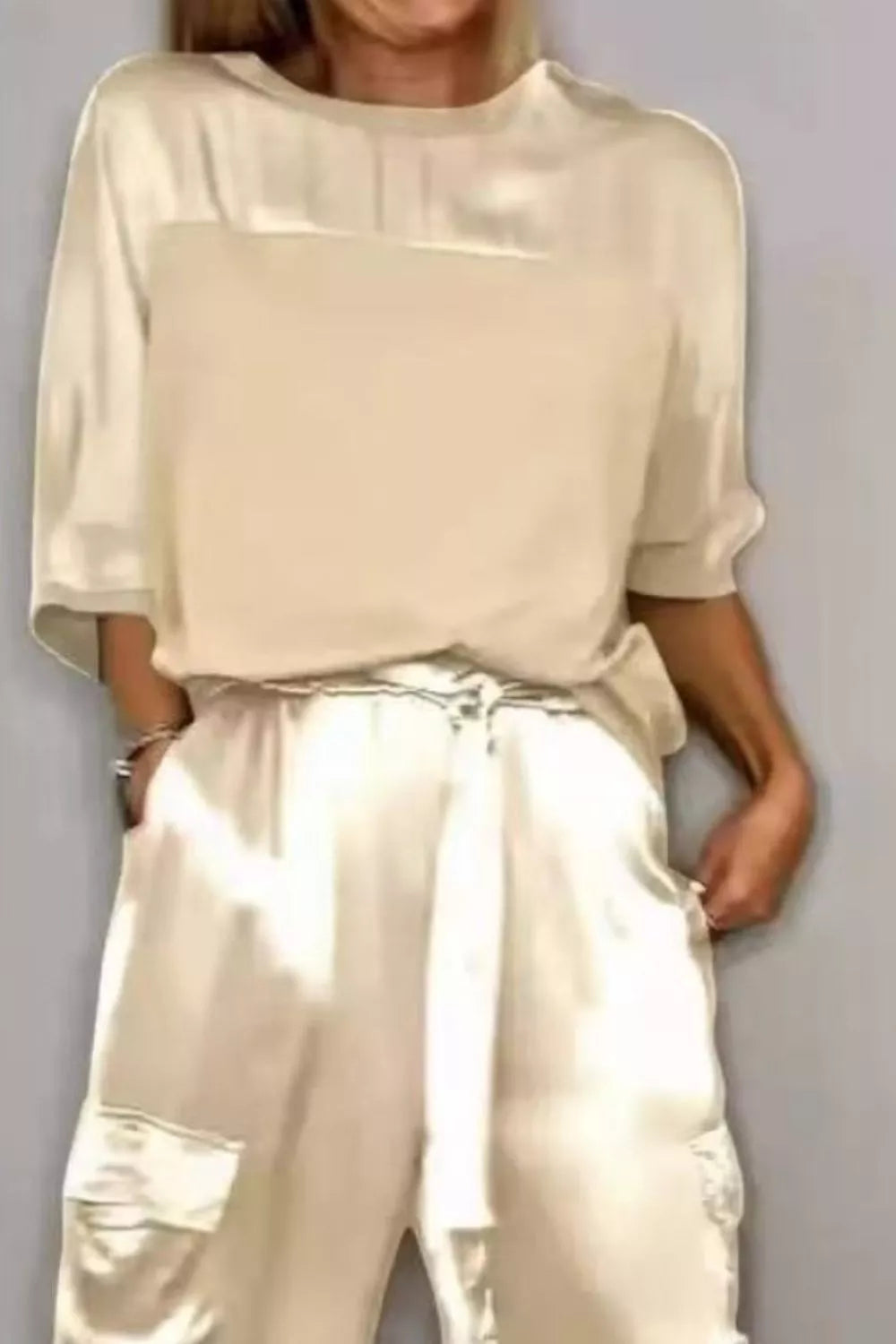 Satin round-neck top and matching pants set, beige, half sleeves, drawstring waist