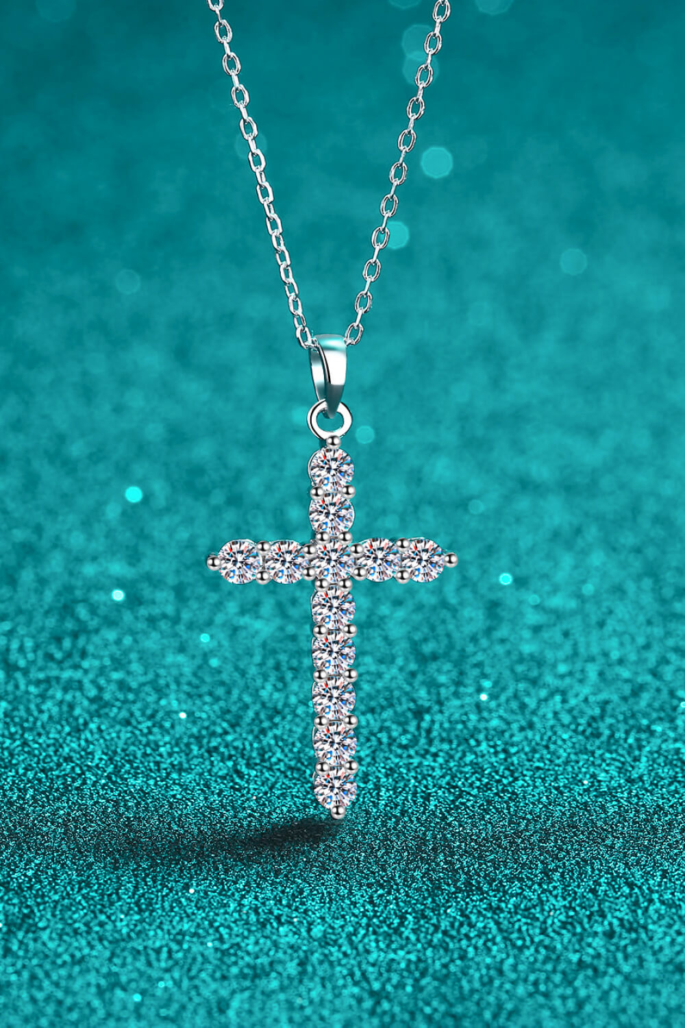 Sterling silver cross pendant necklace with pavé moissanite stones on chain