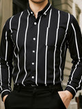 Men's slim fit striped button-up cotton shirt, black with white vertical stripes