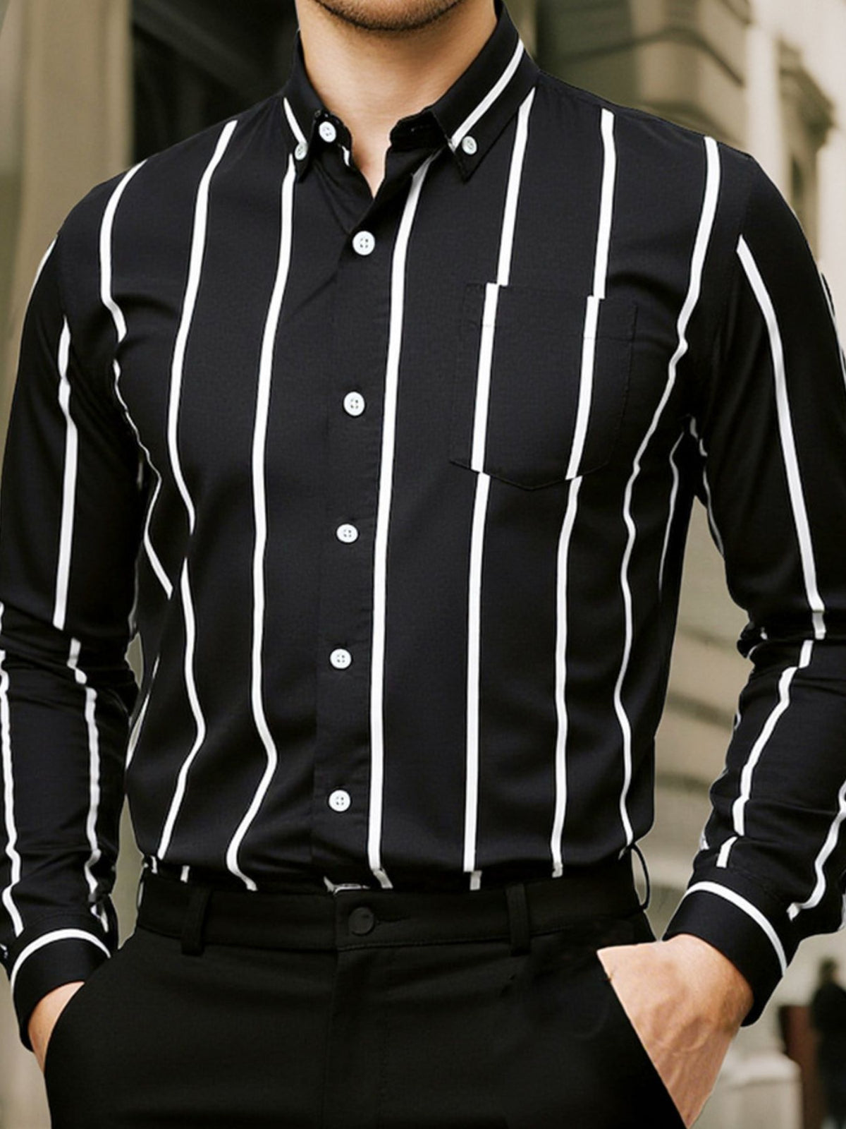 Men's slim fit striped button-up cotton shirt, black with white vertical stripes