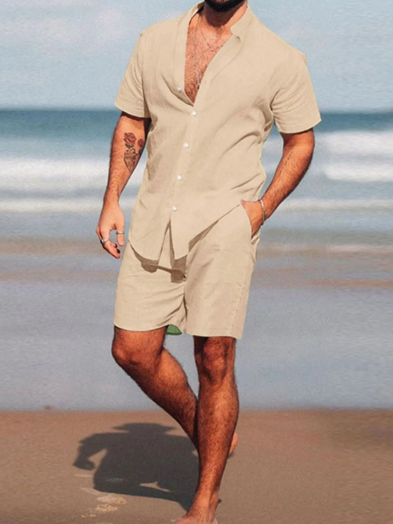 Men's short sleeve shirt and shorts set, beige button-front outfit