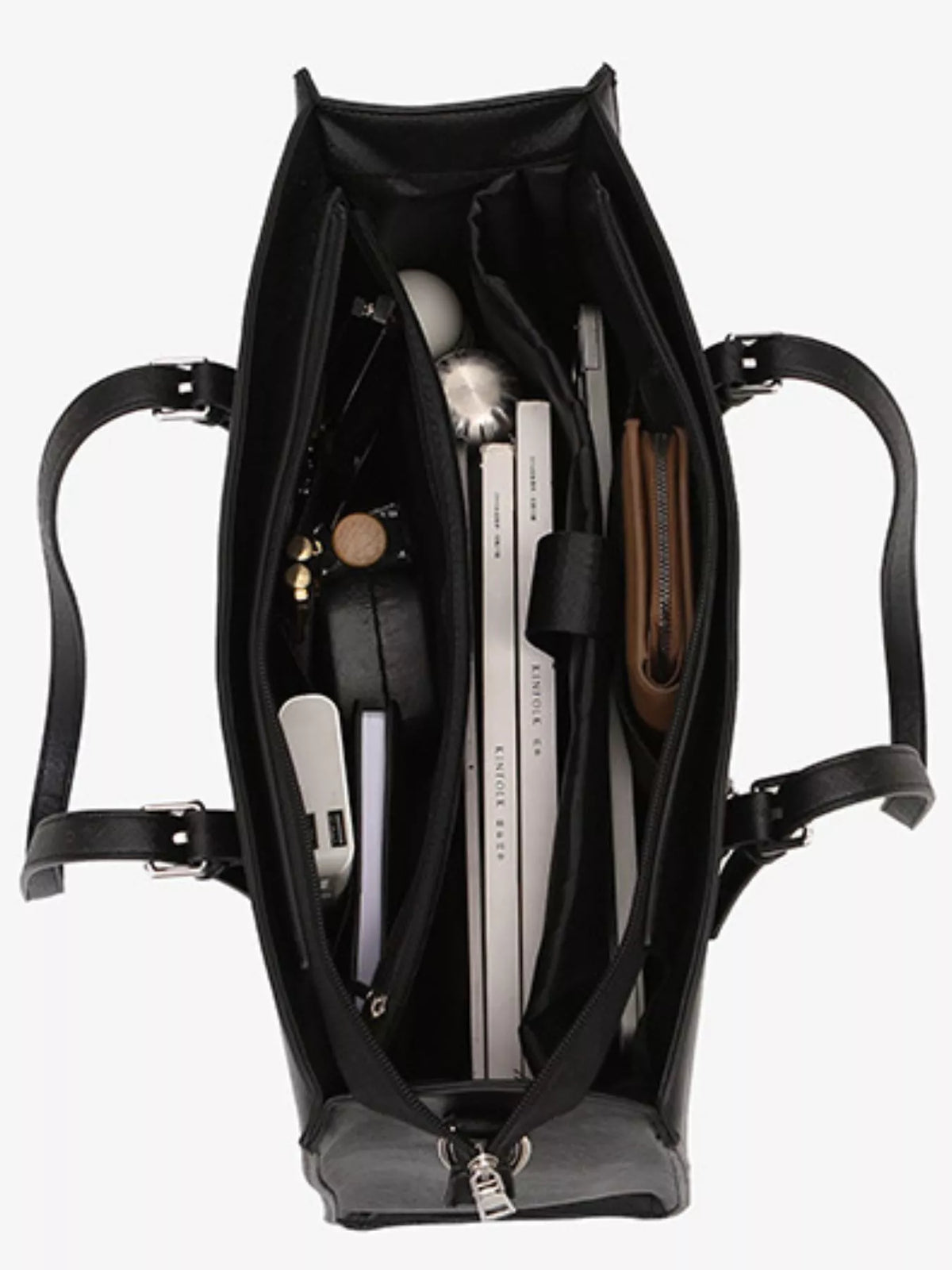 Black vegan leather large tote bag, open top with multiple interior compartments
