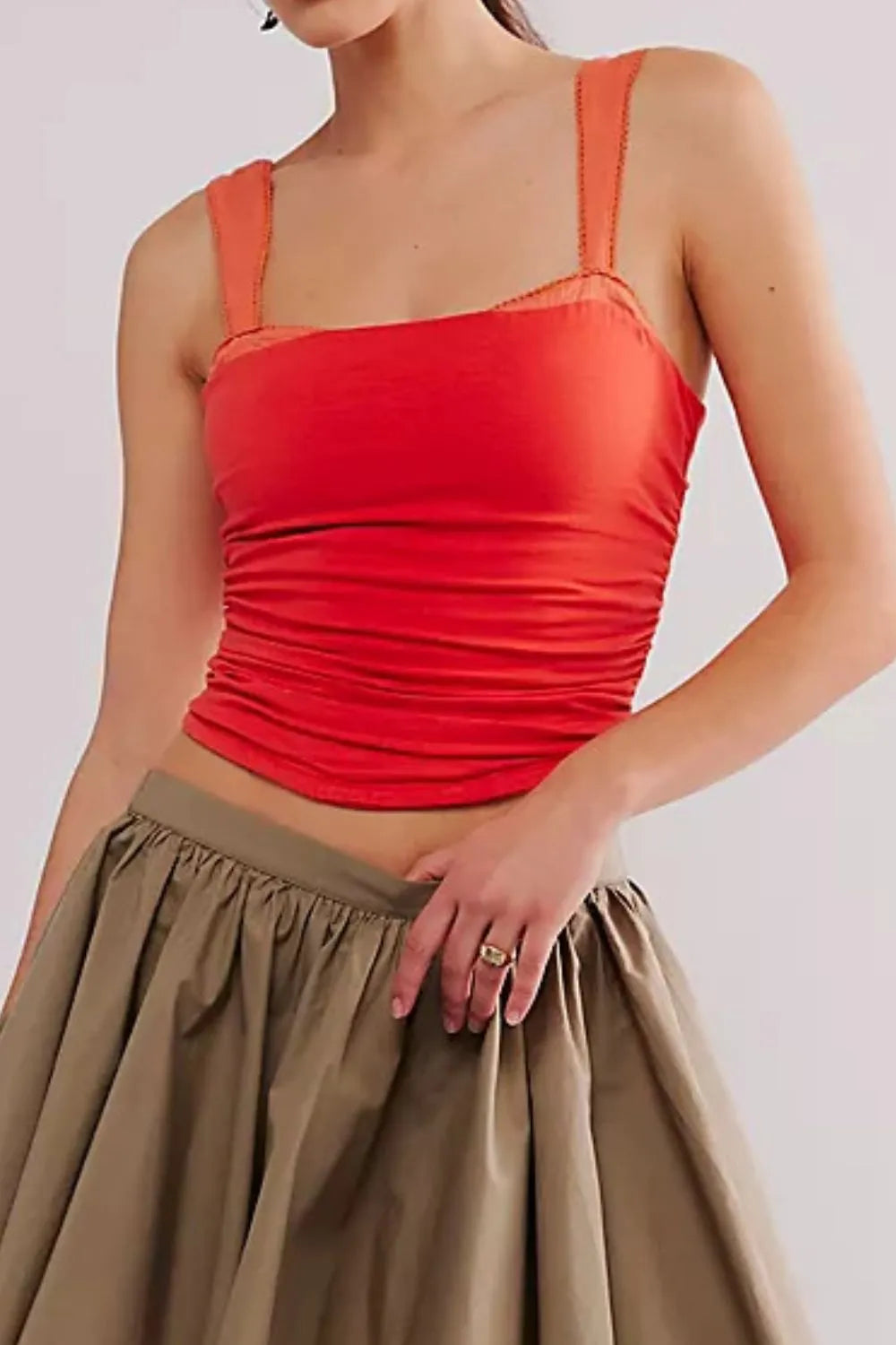 Orange square-neck wide-strap cami with ruched front and scalloped strap edging