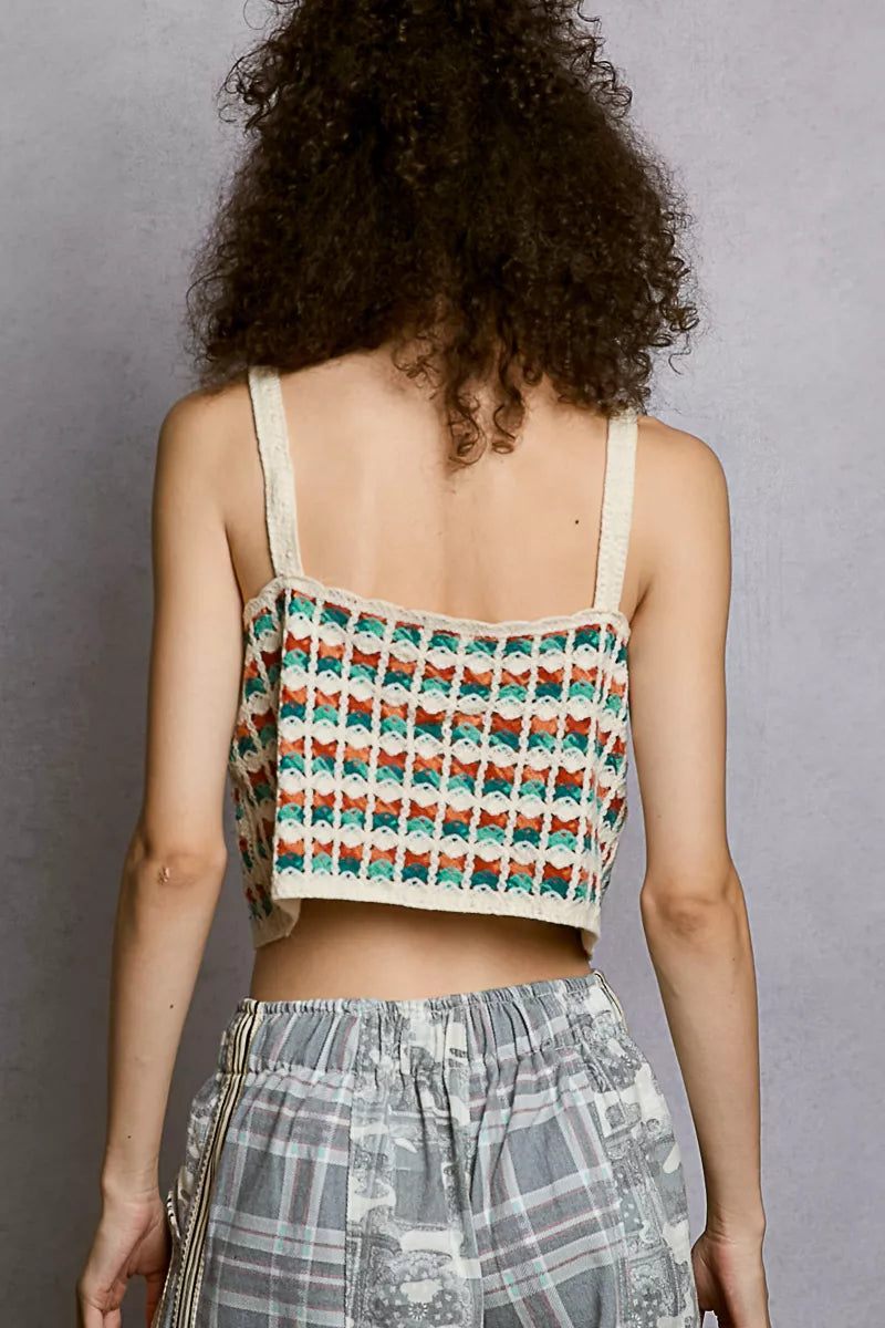 Cedar & Moore POL Cropped Crochet Cami with Scalloped Edge, multicolor crochet knit top