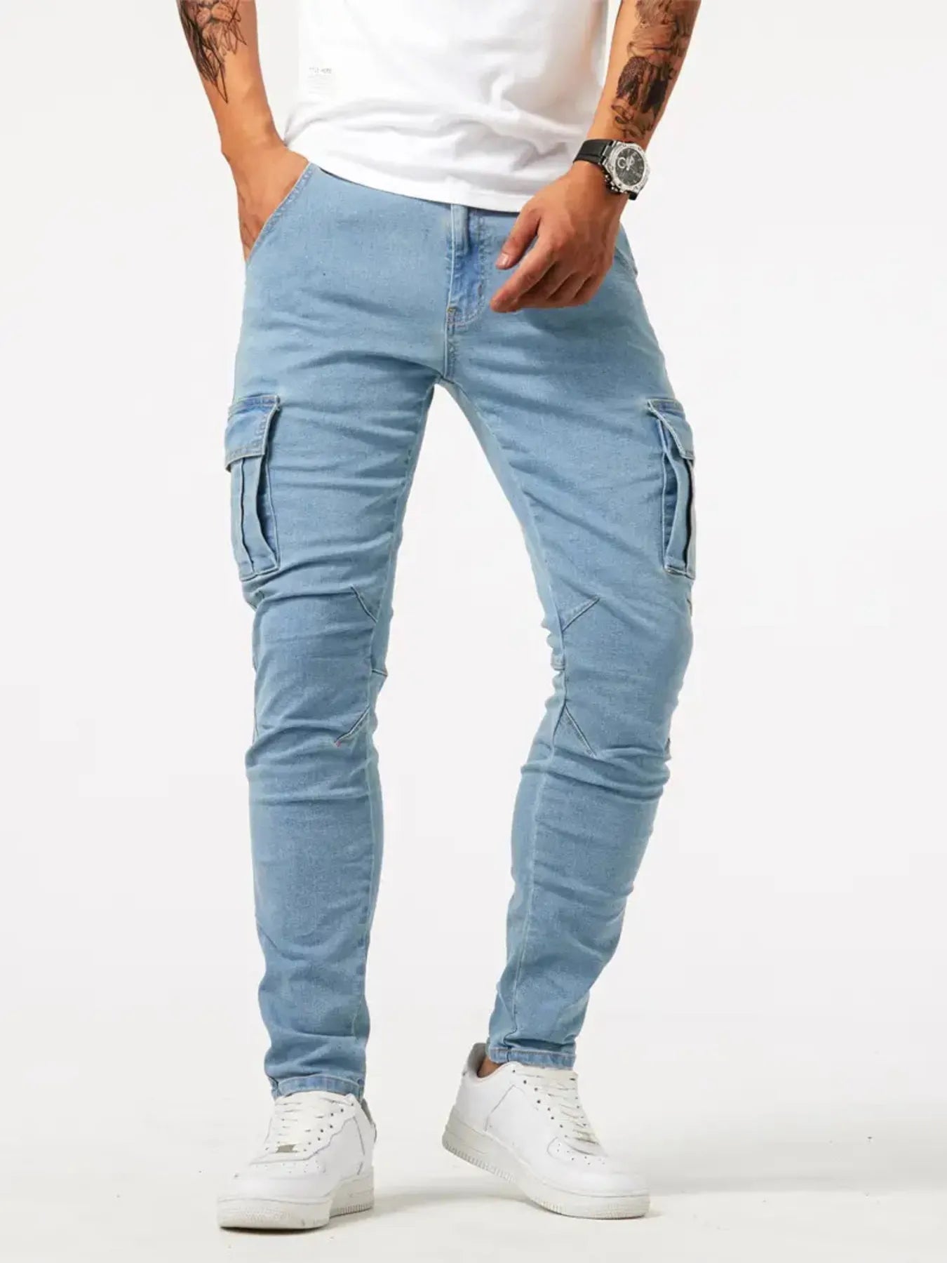 Light blue slim cargo jeans with knee cargo pocket detail