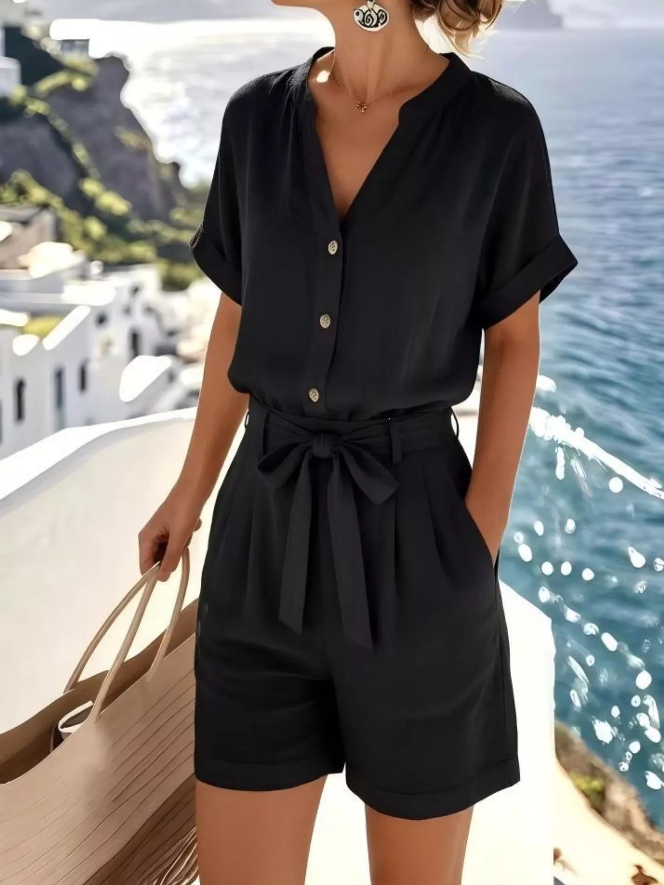 Black button-down shirt and shorts set with V-neck, short sleeves, tie waist
