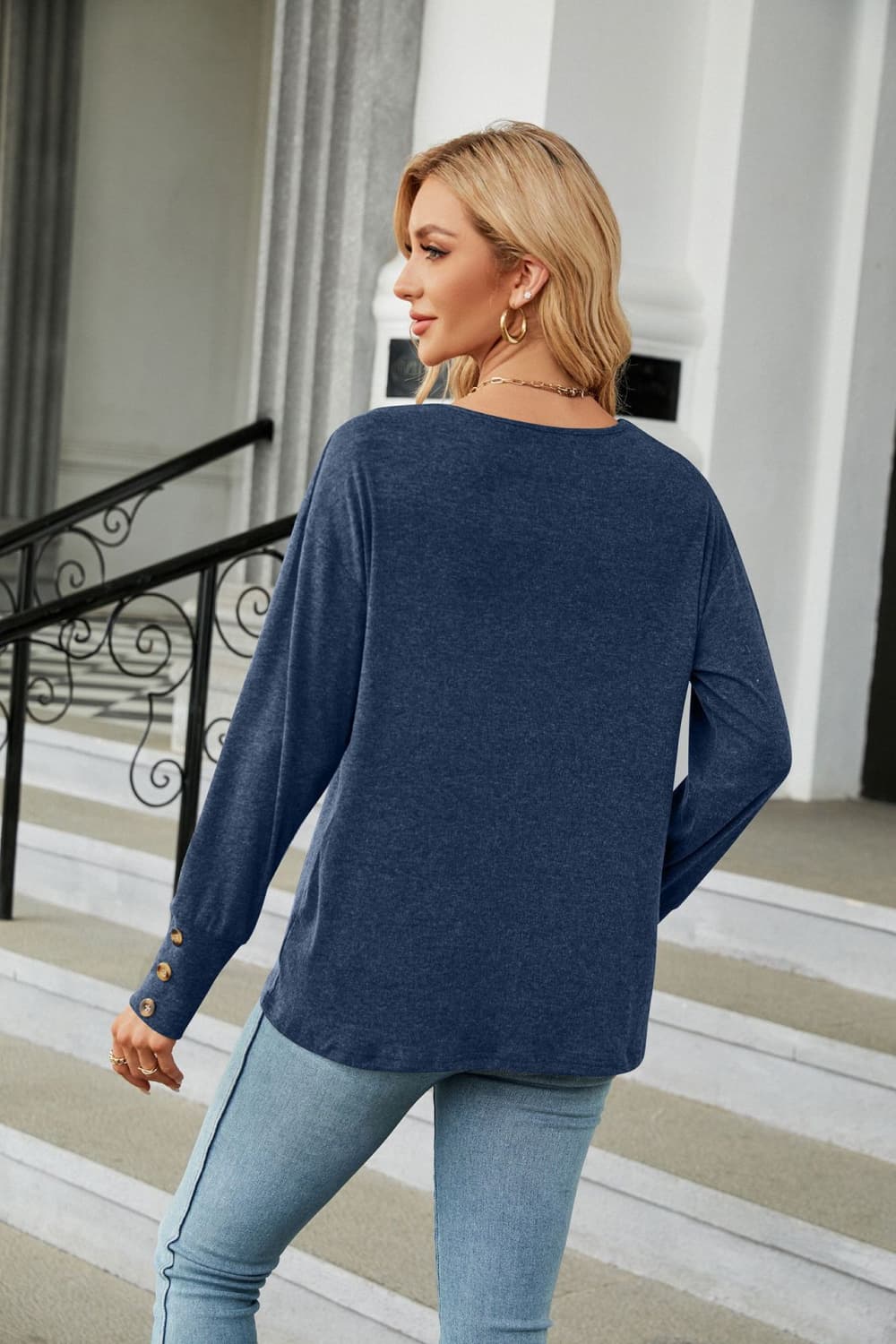 Cedar & Moore V-Neck Long Sleeve T-Shirt, solid blue top worn by model