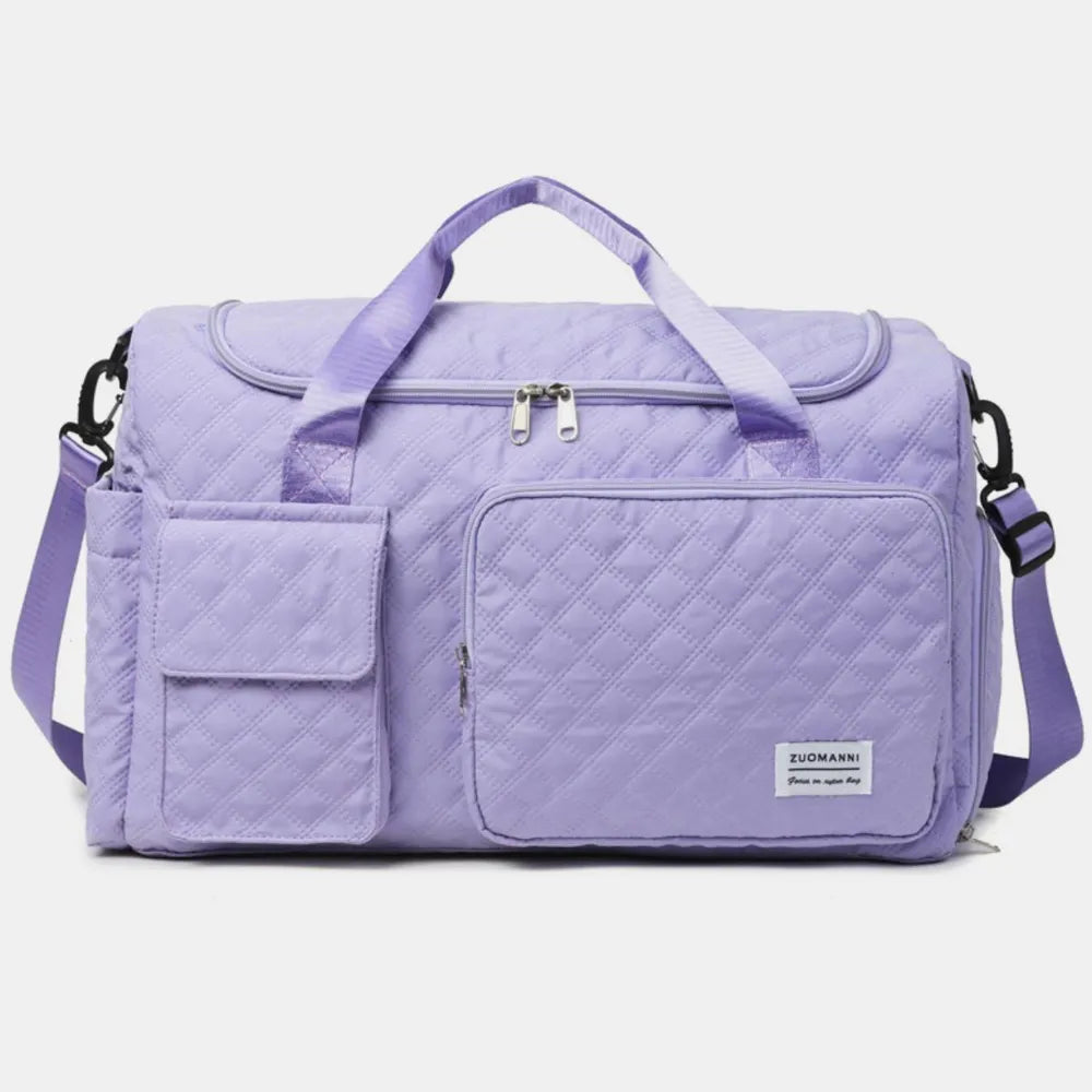 Lavender travel duffel bag with multiple front pockets and top zip compartment