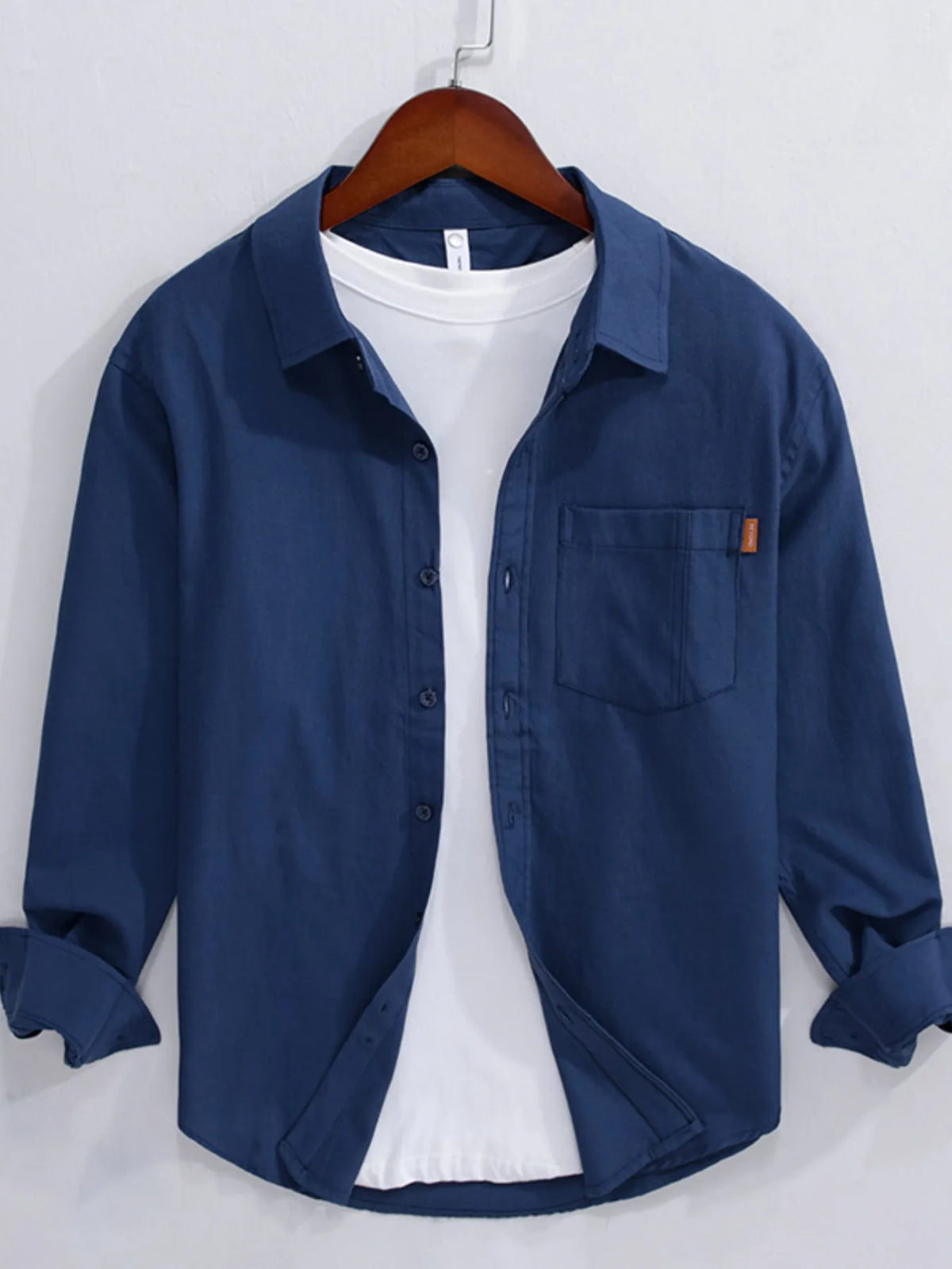 Men's cotton button-up long sleeve shirt, navy blue, chest pocket and button front