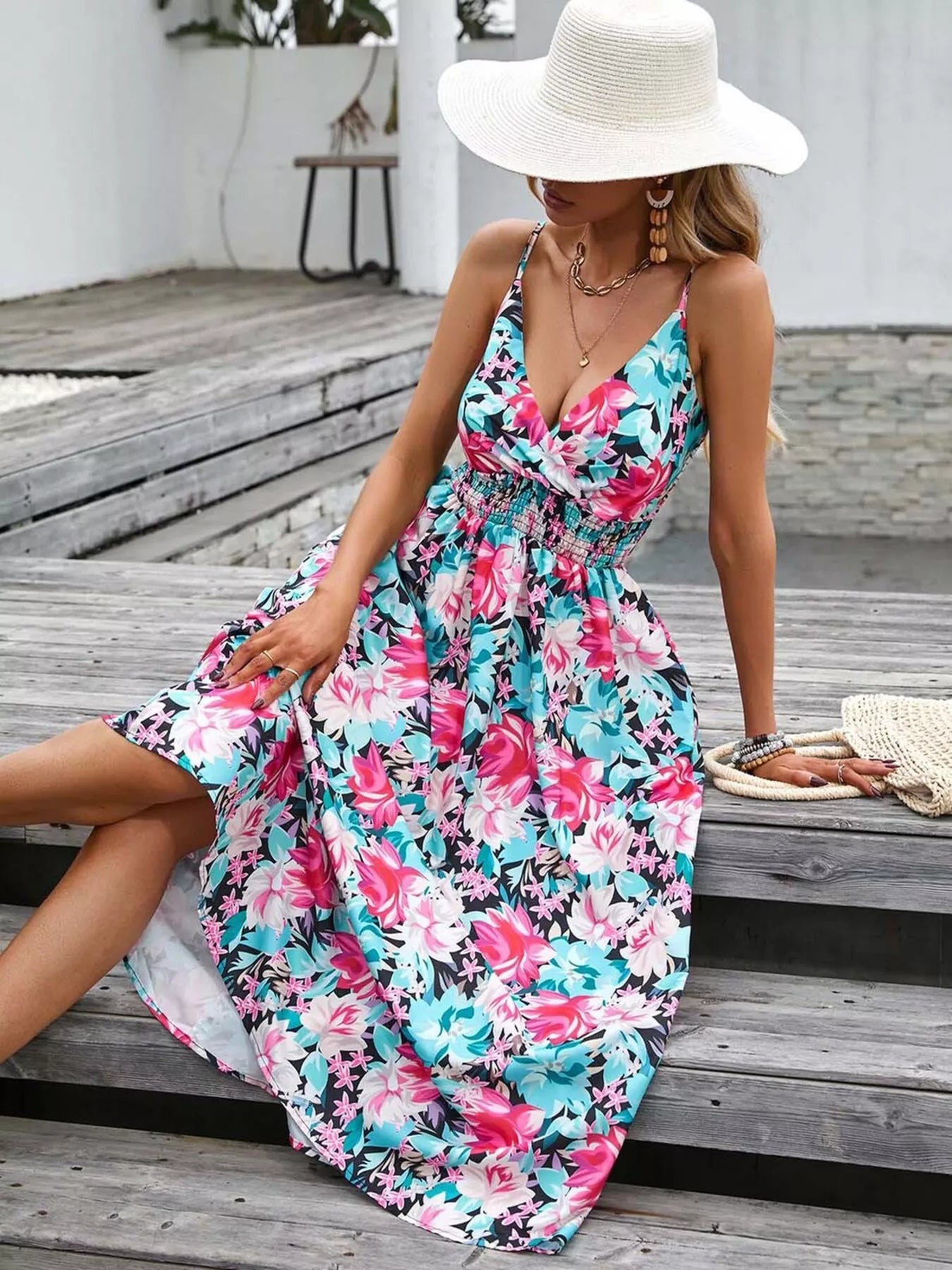 Spaghetti strap midi dress, turquoise with pink floral print, V-neck, gathered waist.