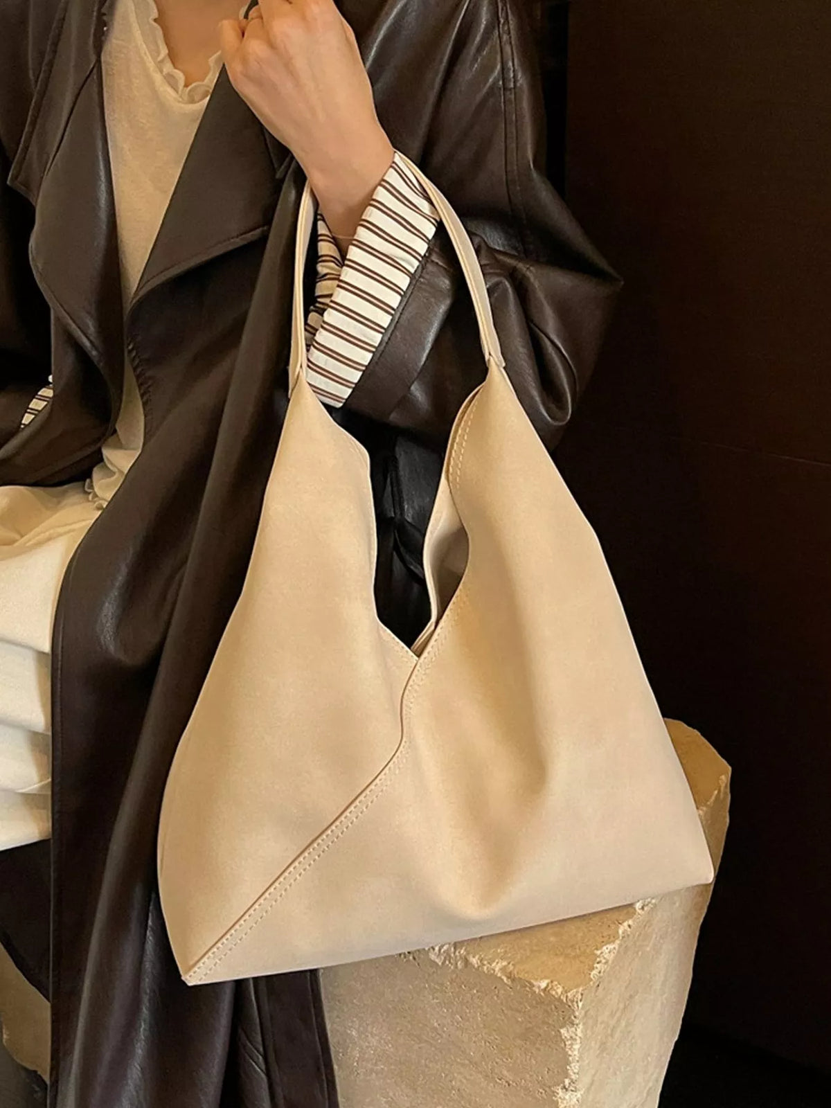 Two-tone slouchy suede shoulder bag with beige and dark brown panels