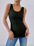 Black scoop neck wide-strap tank top with sleeveless scoop neckline