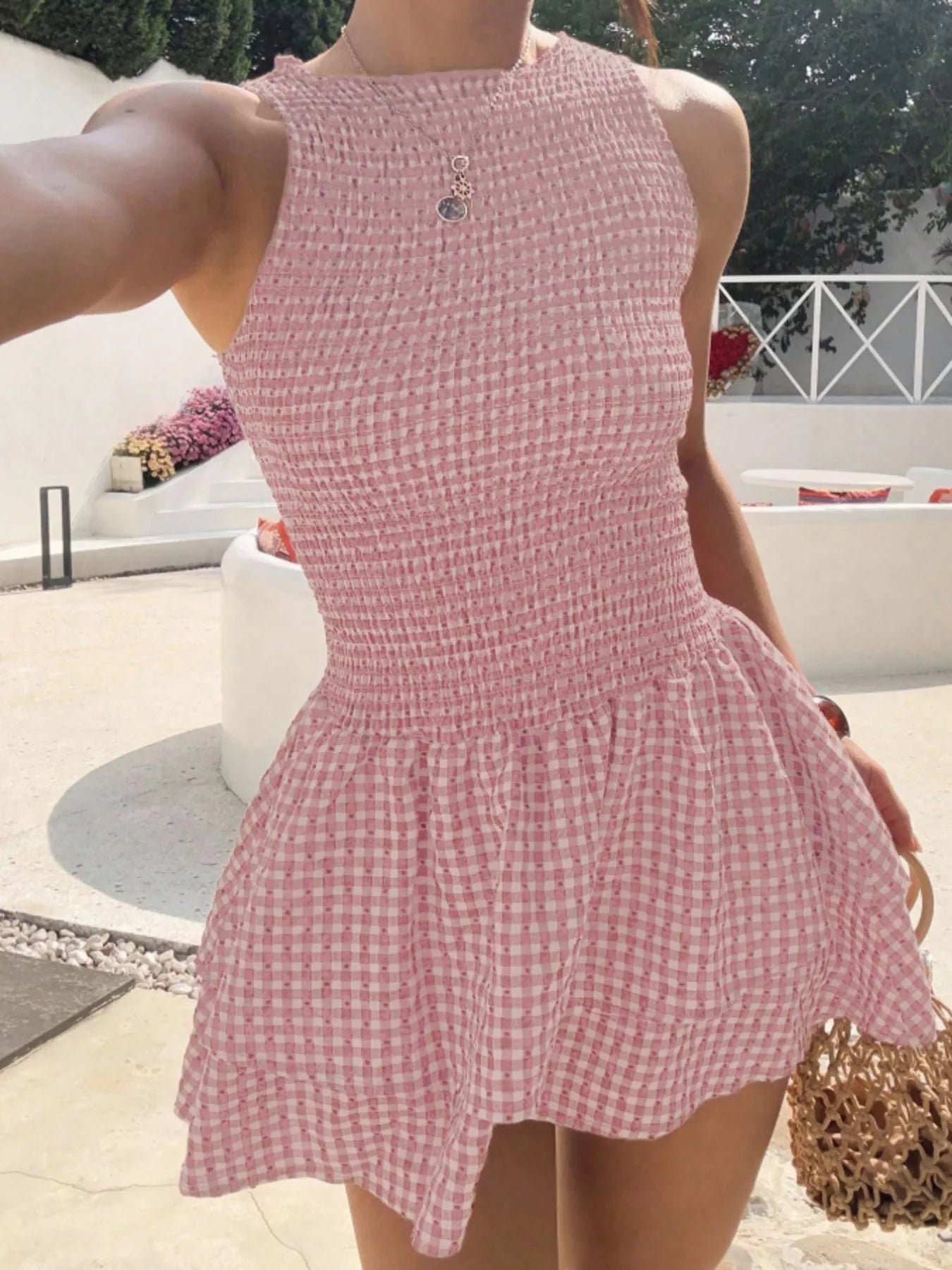 Gingham smocked mini dress, pink, sleeveless with ruffled hem