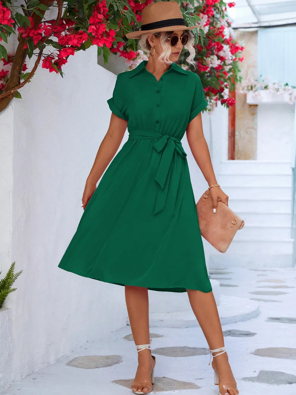 Green button-front tie-waist short sleeve midi dress, angled front view with waist bow