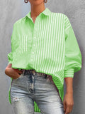 Neon green striped button-down long-sleeve shirt with button front and chest pocket