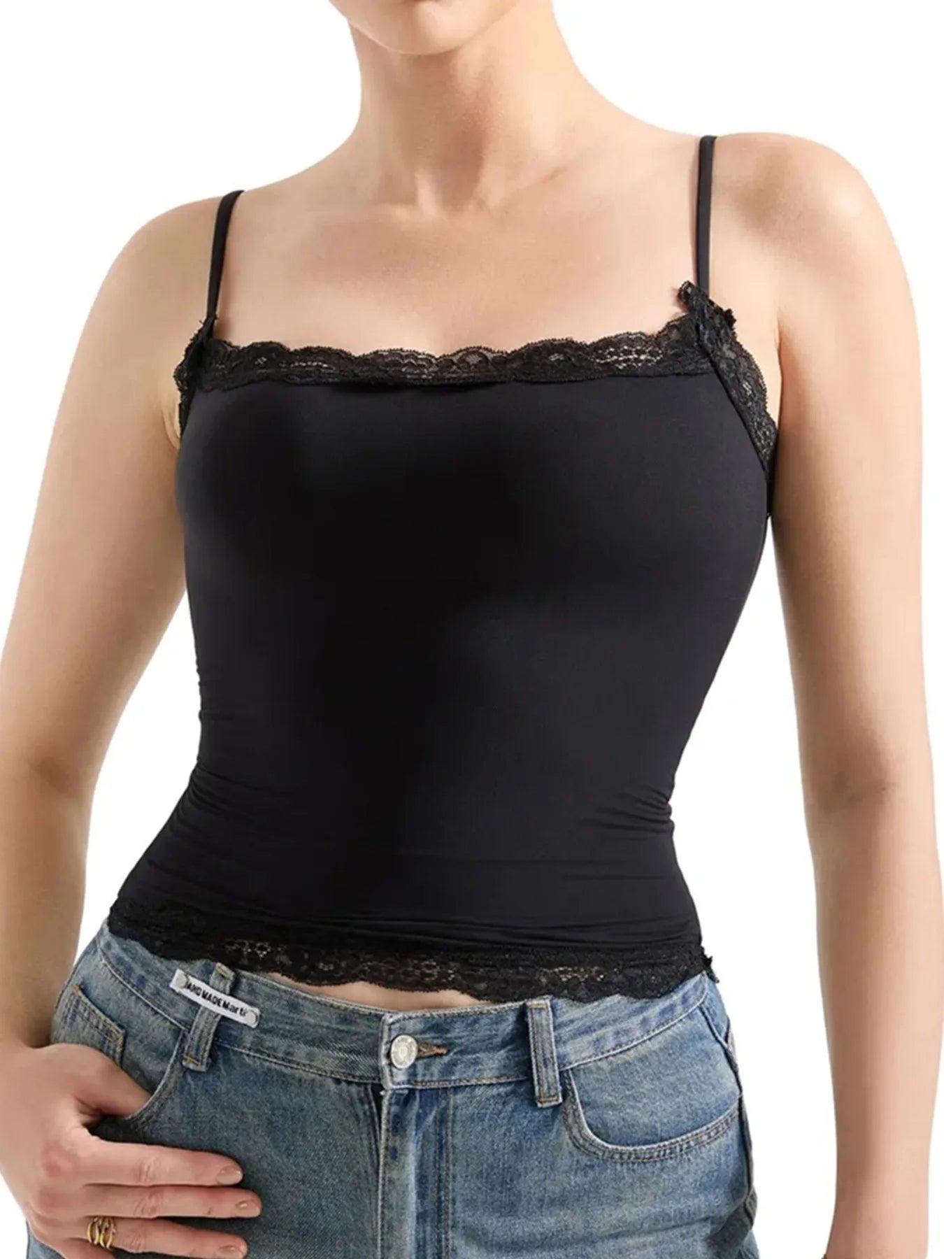 Black lace-trim cami top with spaghetti straps and scalloped lace hem
