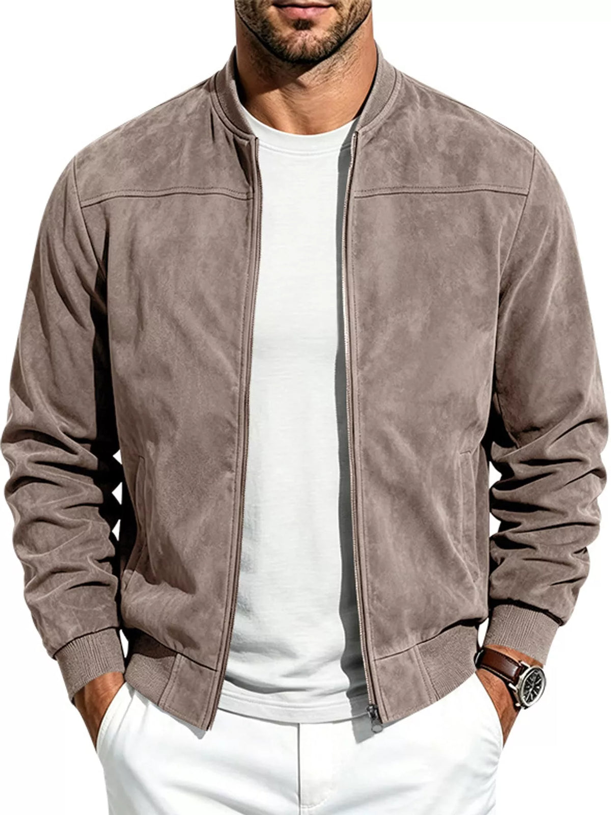 Men's zip-up long sleeve jacket in brown, suede-finish with front zipper and chest pockets