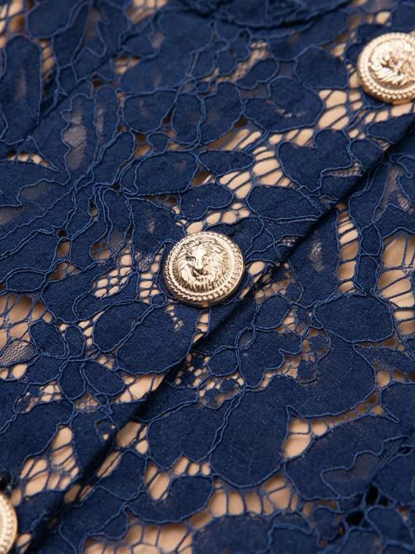 Cedar & Moore Lace Button-Down Midi Dress in navy lace with buttoned front