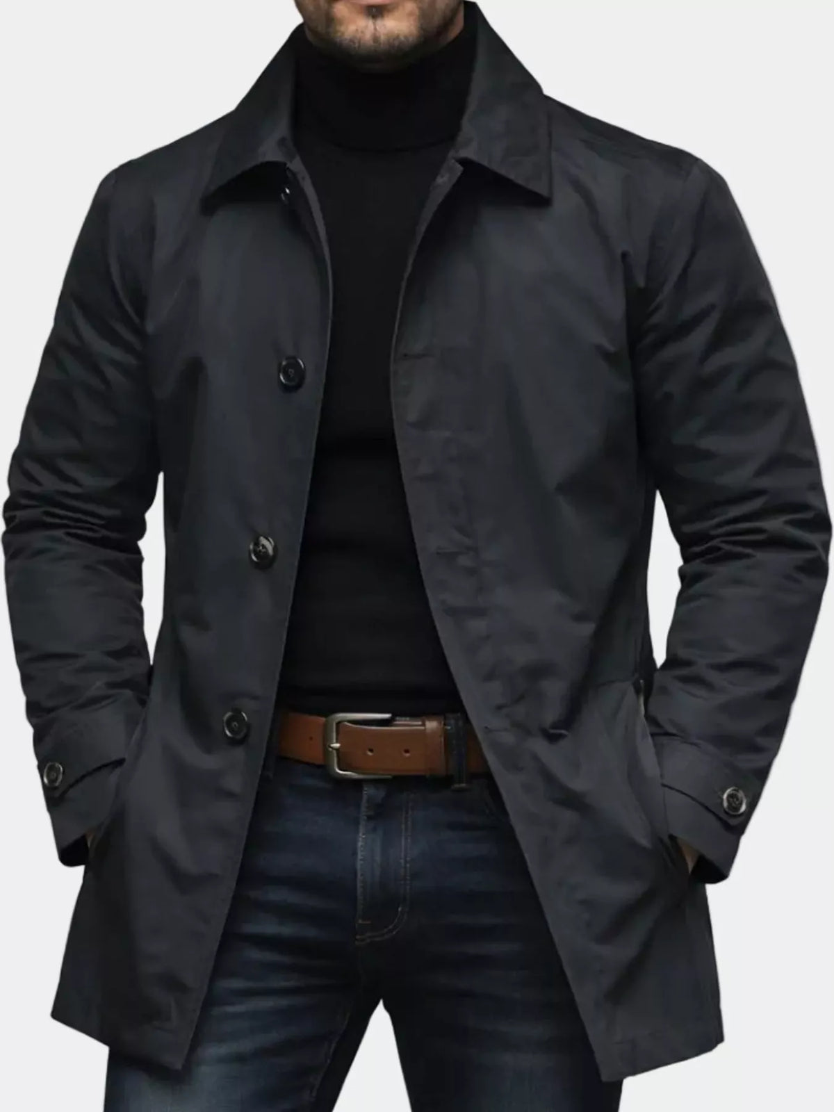 Men's black single-breasted trench coat with notched collar and button front