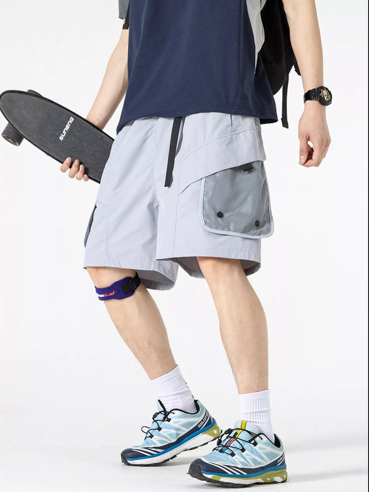 Men's lightweight quick-dry cargo shorts, cloud gray, side cargo pockets and drawstring waist