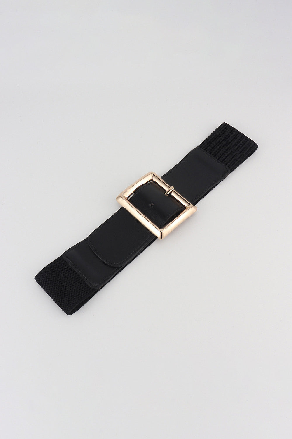 Black wide elastic belt with rectangular gold buckle, looped ends.