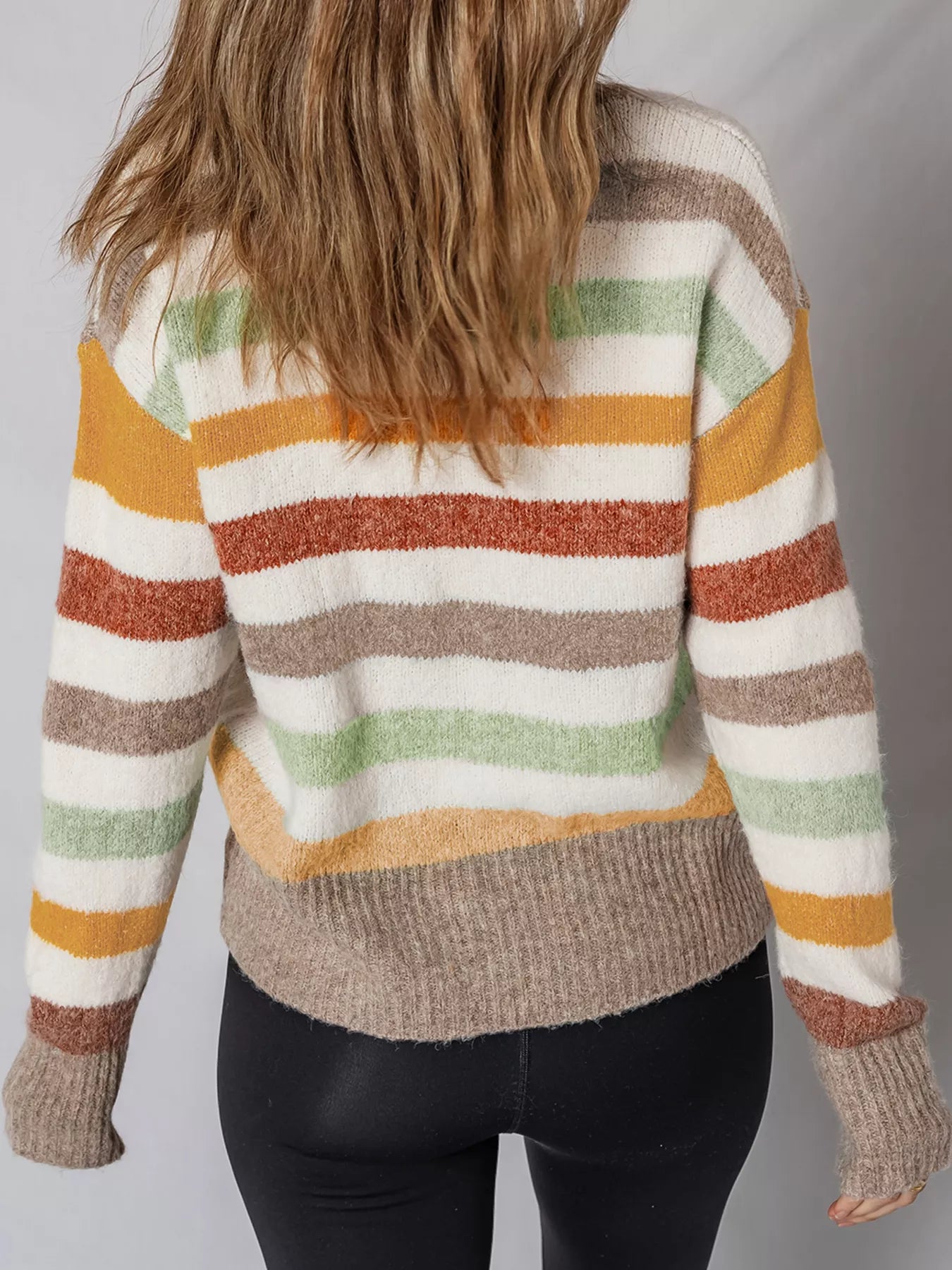 Multicolour striped crew neck drop-shoulder sweater, back view with ribbed lower hem
