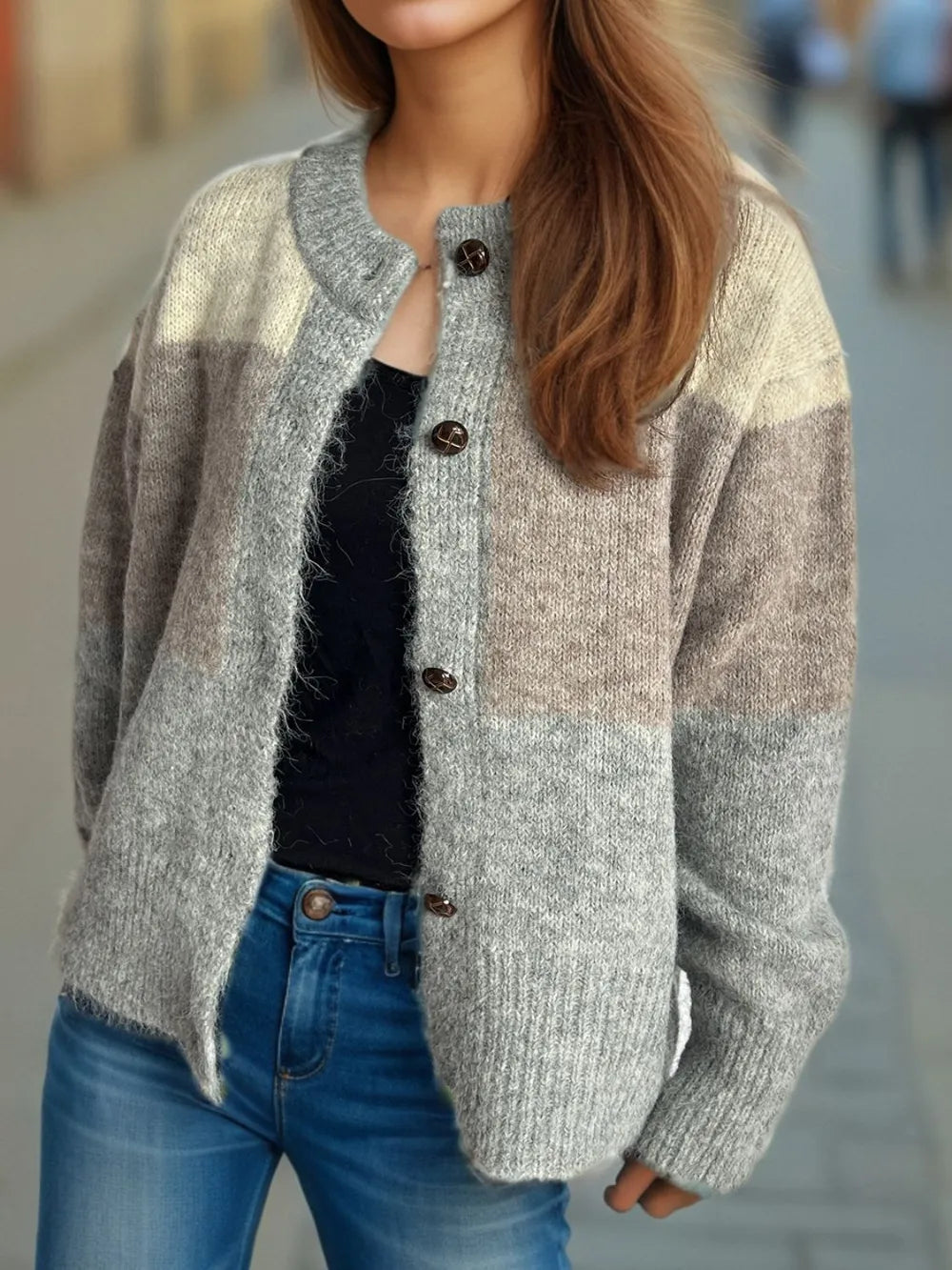 Color block round neck button-up cardigan, textured knit in gray-blue and cream