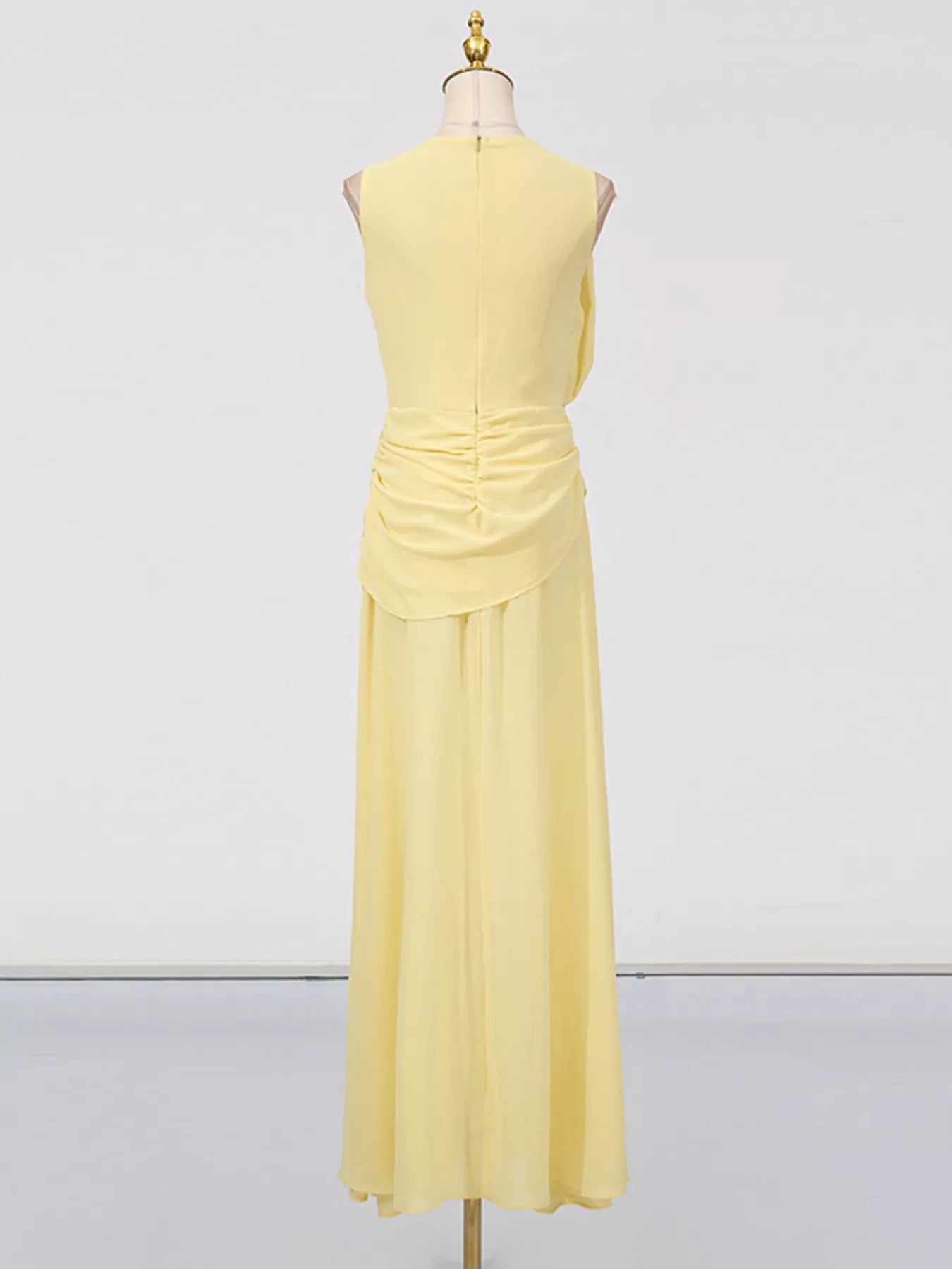 Cedar & Moore Sleeveless ruched pale yellow maxi dress with back zipper and high slit