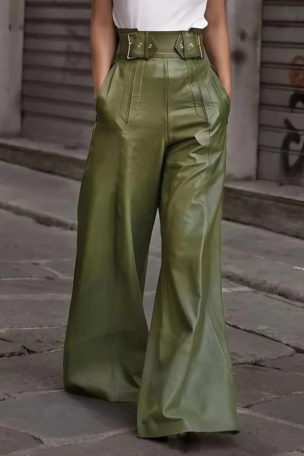 Moss green high-waist wide flare pants with front crease and side pockets