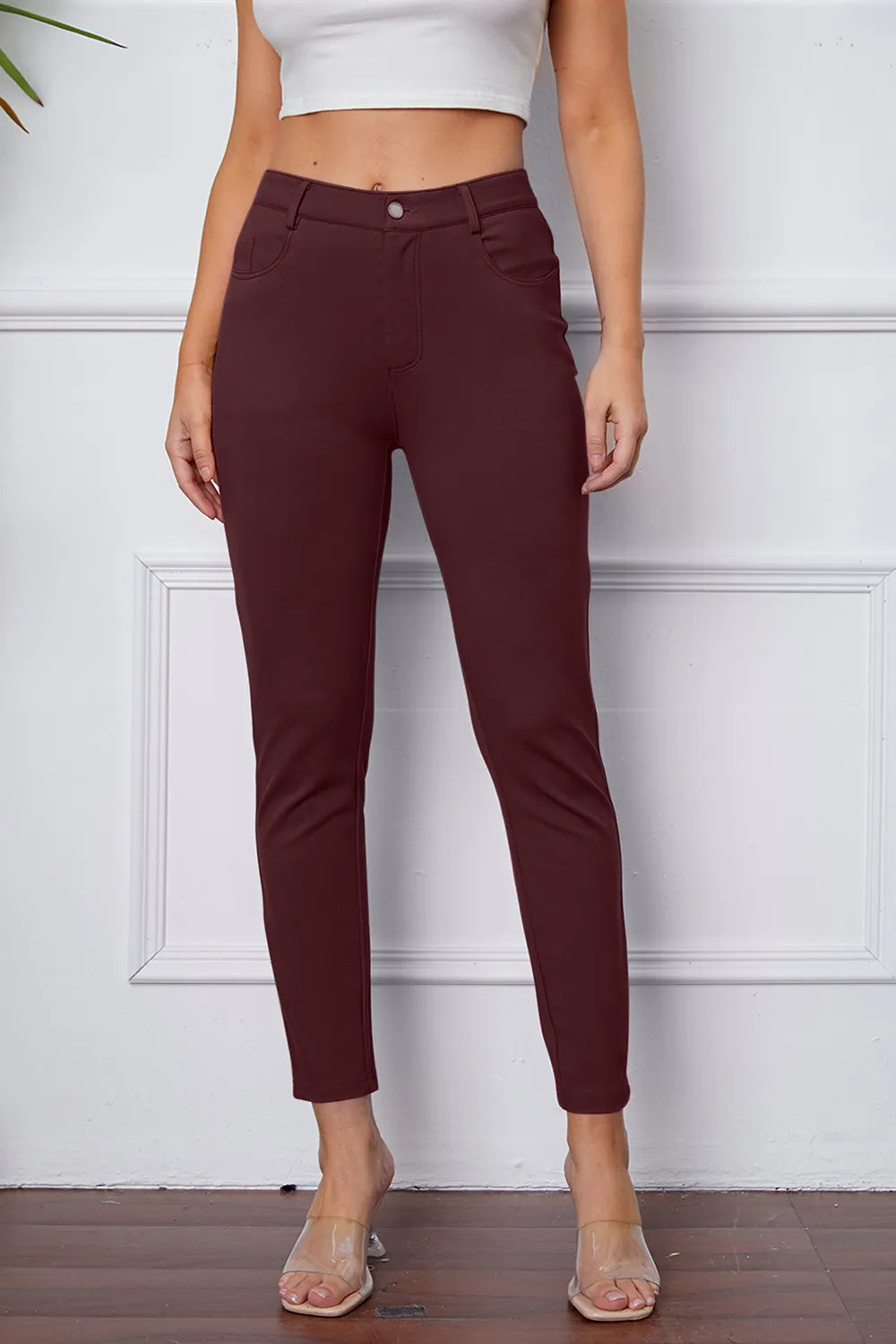 StretchyStitch pants, burgundy, full front view with button closure, belt loops, slim leg
