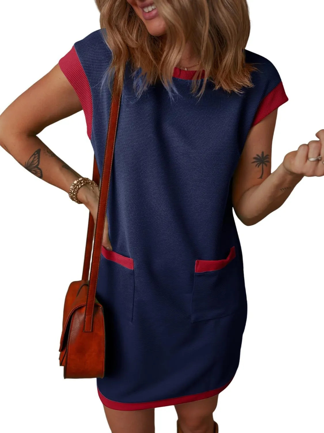 Round-neck cap-sleeve navy mini dress with red trim pockets