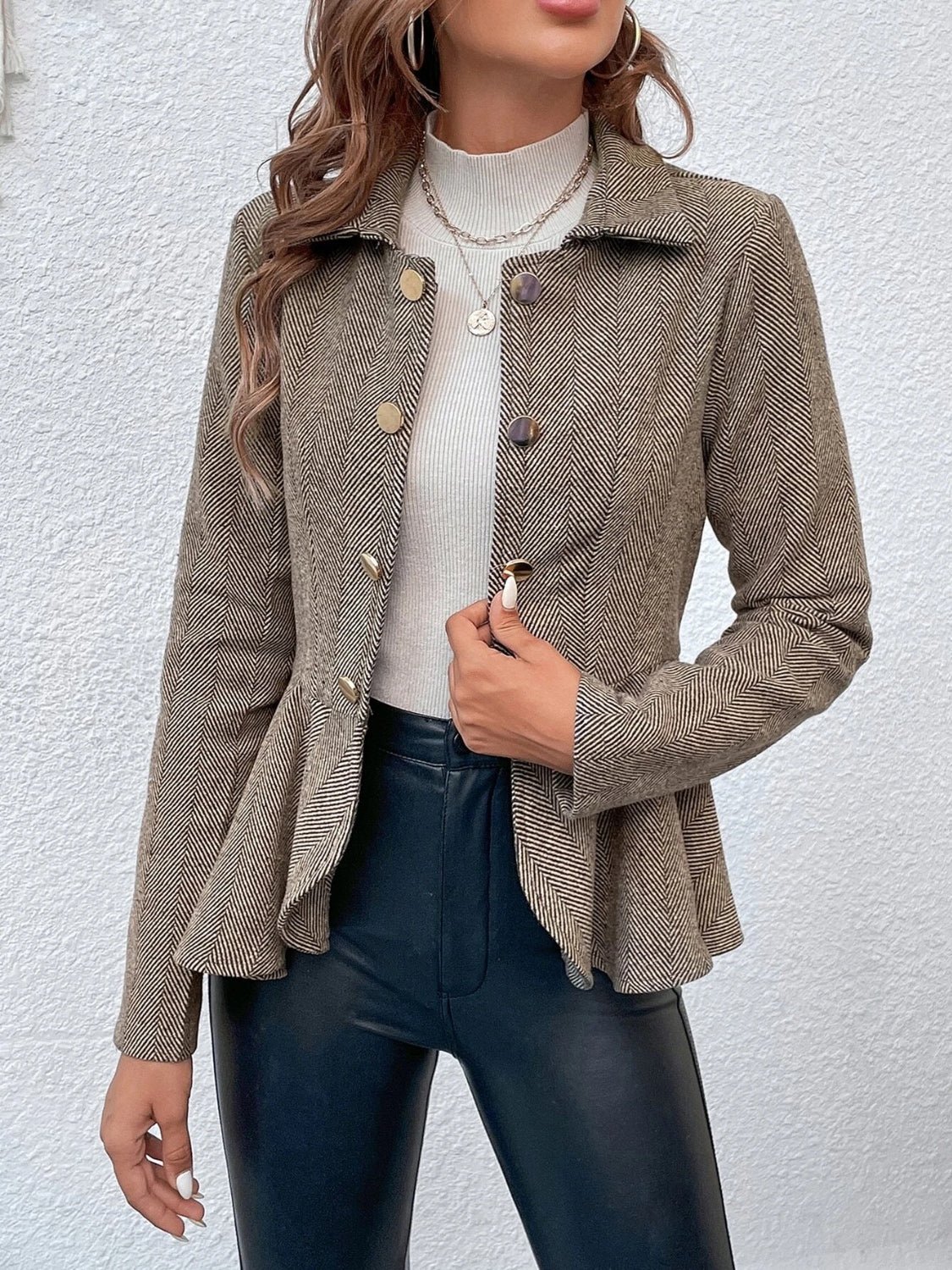 Ruffle hem collared blazer with gold buttons, long sleeves, textured taupe