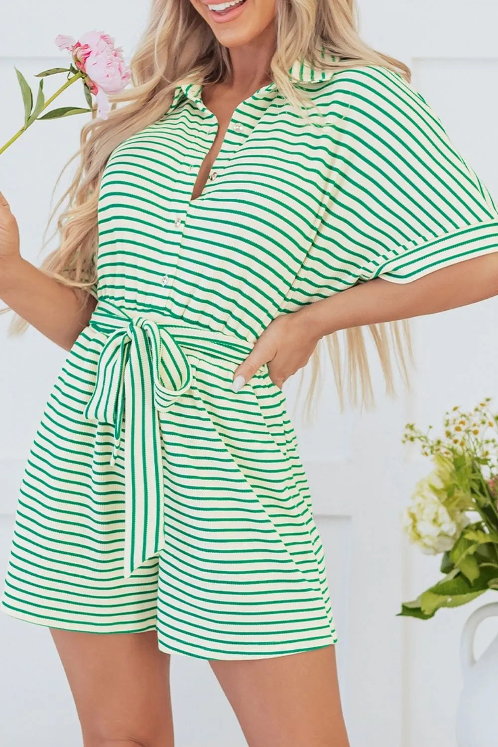 Green and white striped half-sleeve romper with button placket and tied front waist