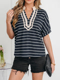 Cedar & Moore navy striped dolman top with stand collar V-neck, beige trim, short sleeves with elastic cuffs