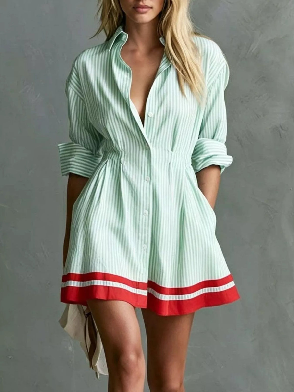 Mint green striped button-down shirt dress with red hem band
