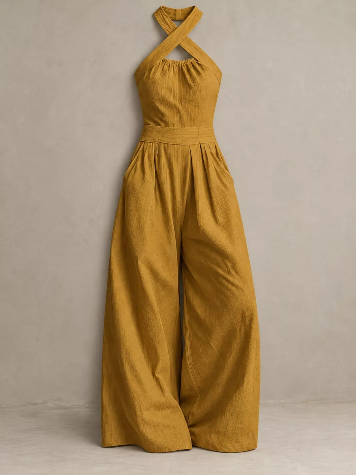 Yellow linen halter wide-leg jumpsuit with gathered high waist