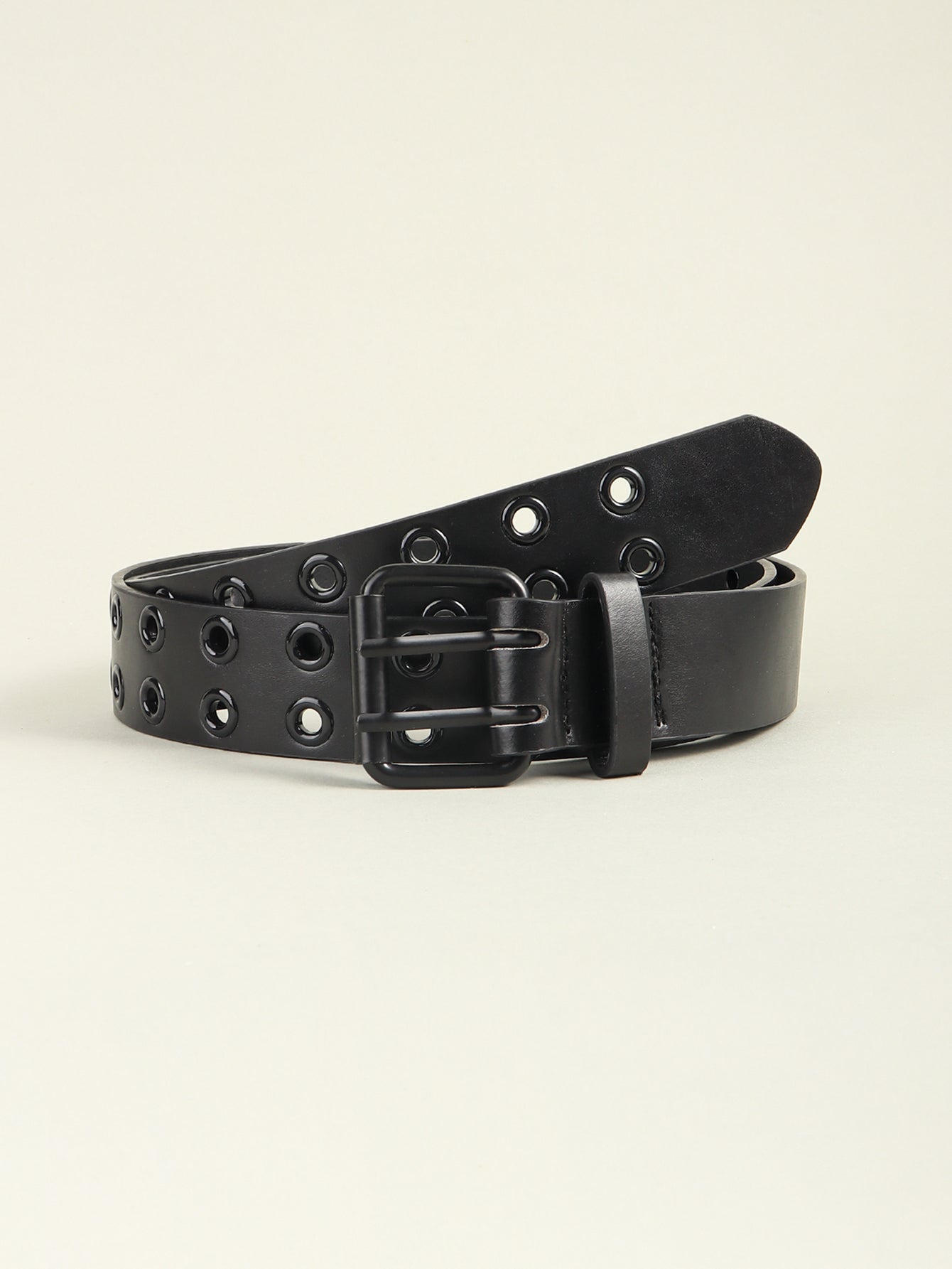 Black vegan leather belt with metal grommets and square buckle, wide strap.