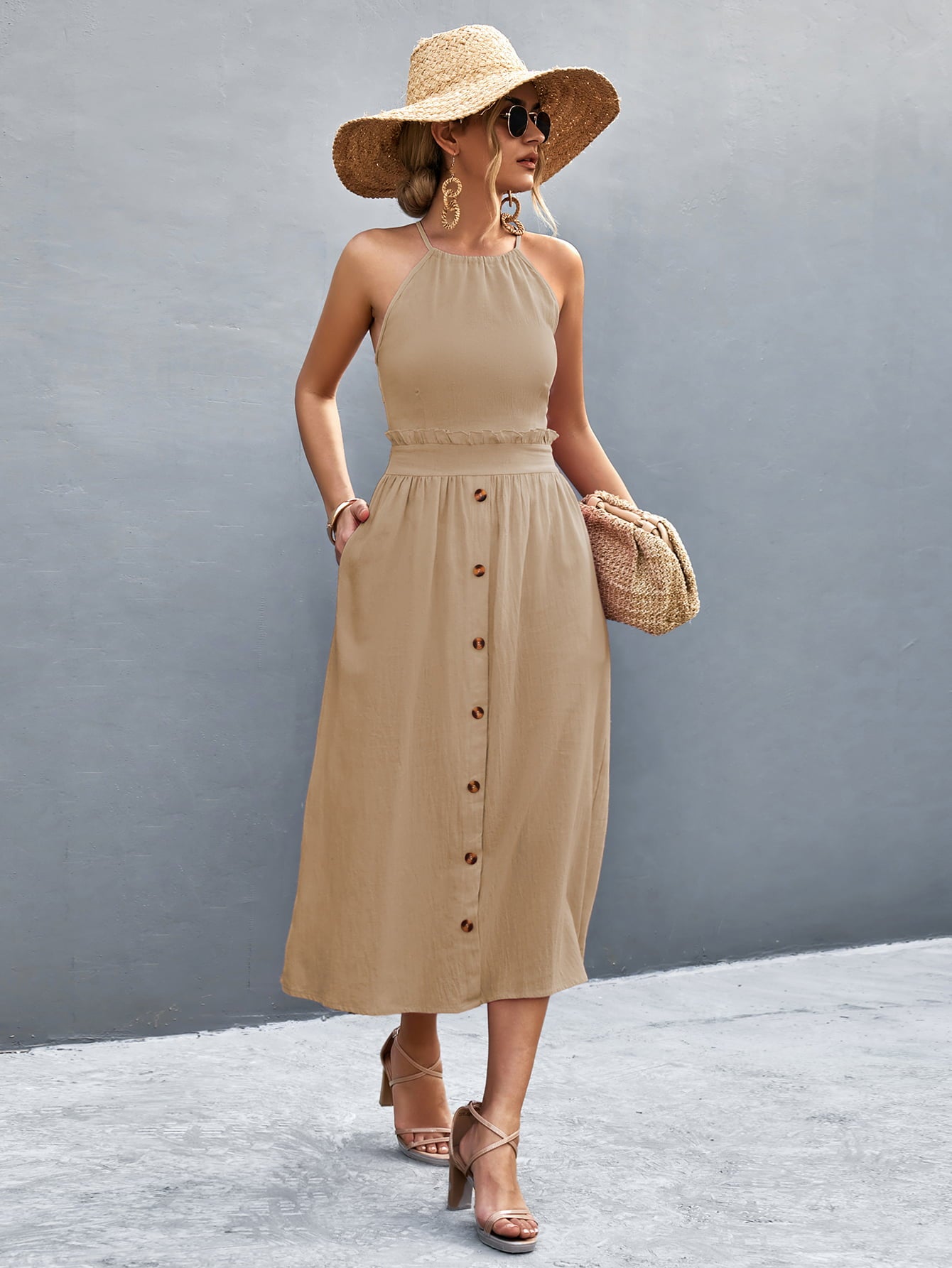 Khaki button-front halter neck midi dress with frill trim, sleeveless.
