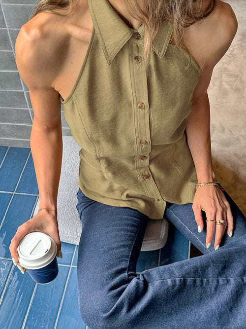 Khaki button-down sleeveless top with collared neckline and button front.