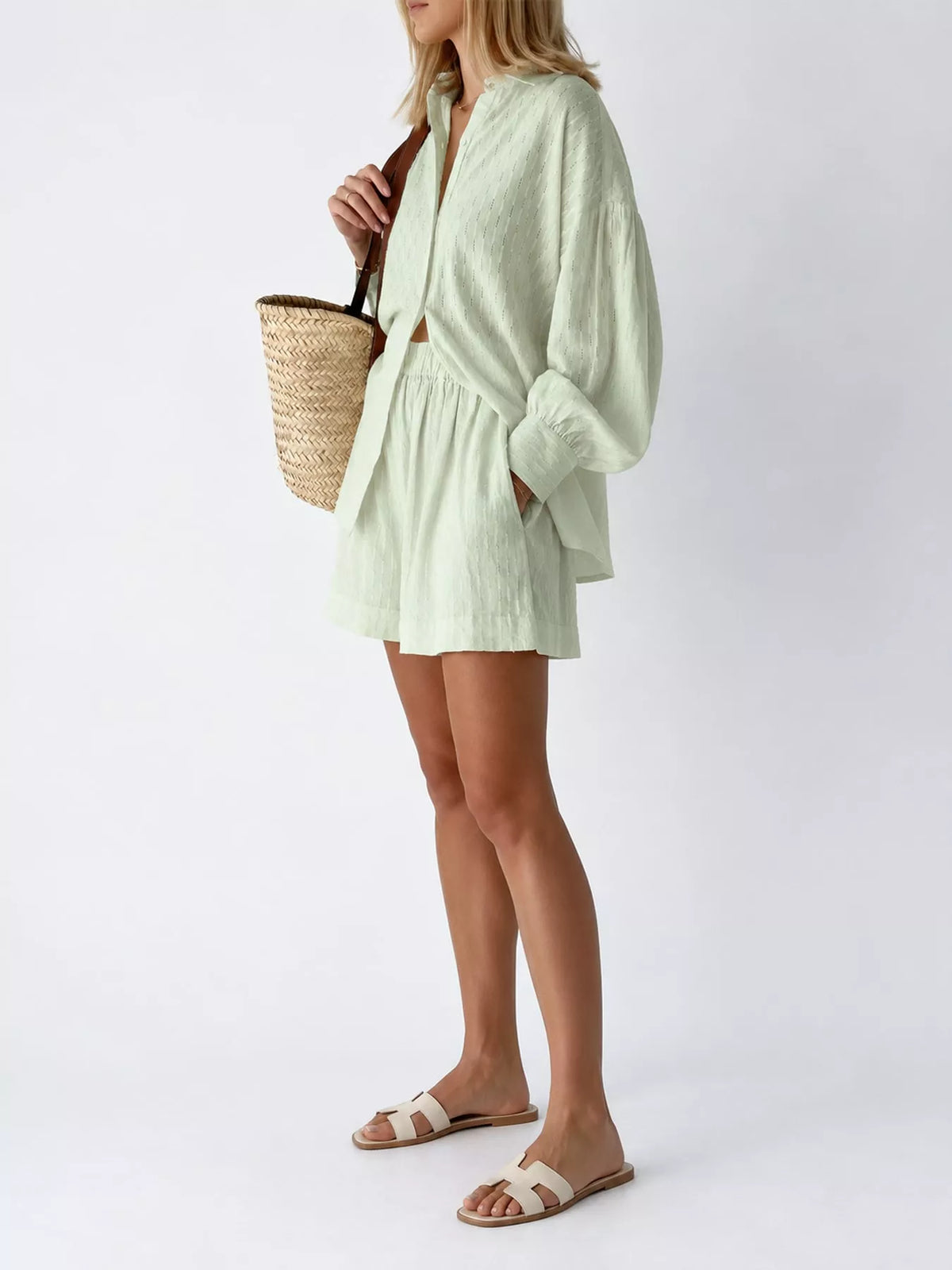 Mint green textured button-down shirt and shorts set, long balloon sleeves and bow details