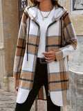 Camel plaid hooded zip-up jacket with front zipper and long sleeves