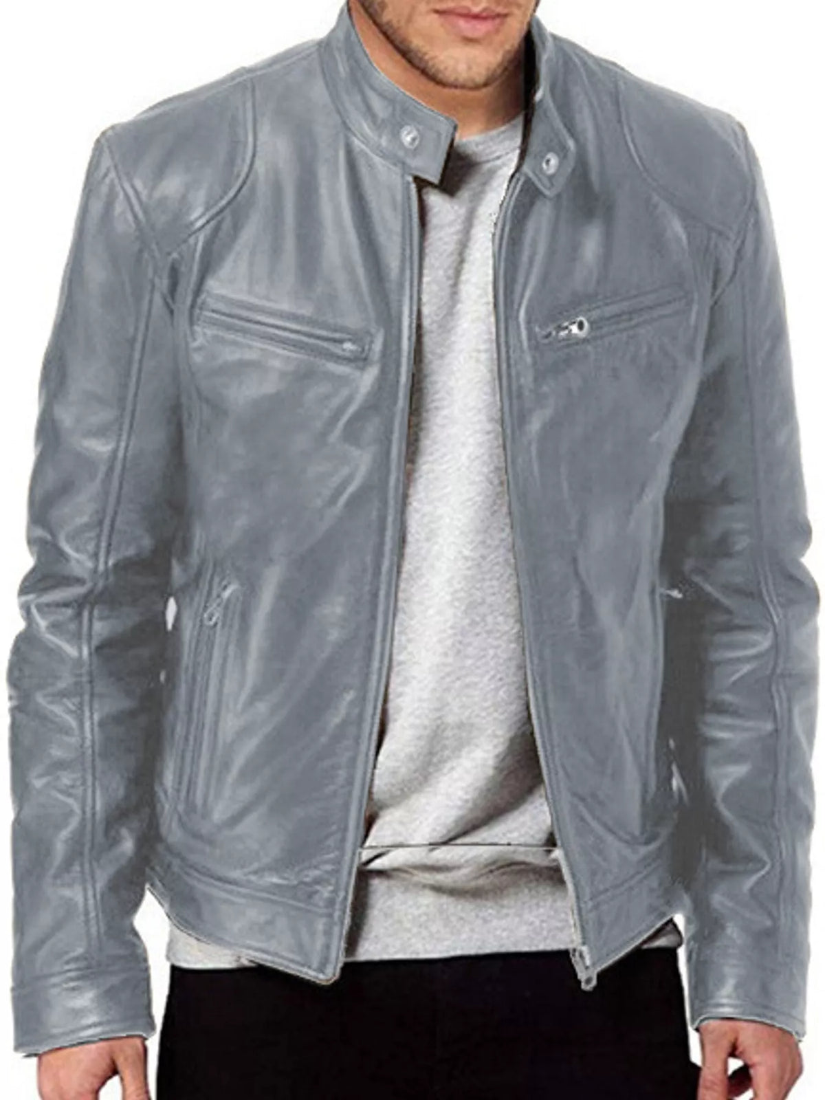 Men's zip-up vegan leather jacket, medium gray with snap collar and front zipper.