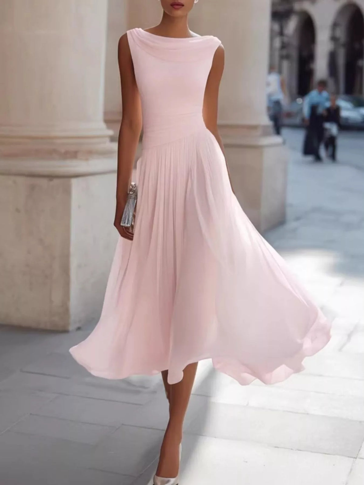 Light pink sleeveless cowl neck midi dress with gathered pleated skirt and flare