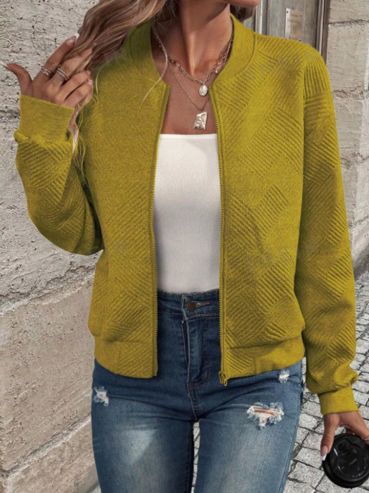 Women textured knit zip-up bomber jacket, mustard yellow, zip front and long sleeves